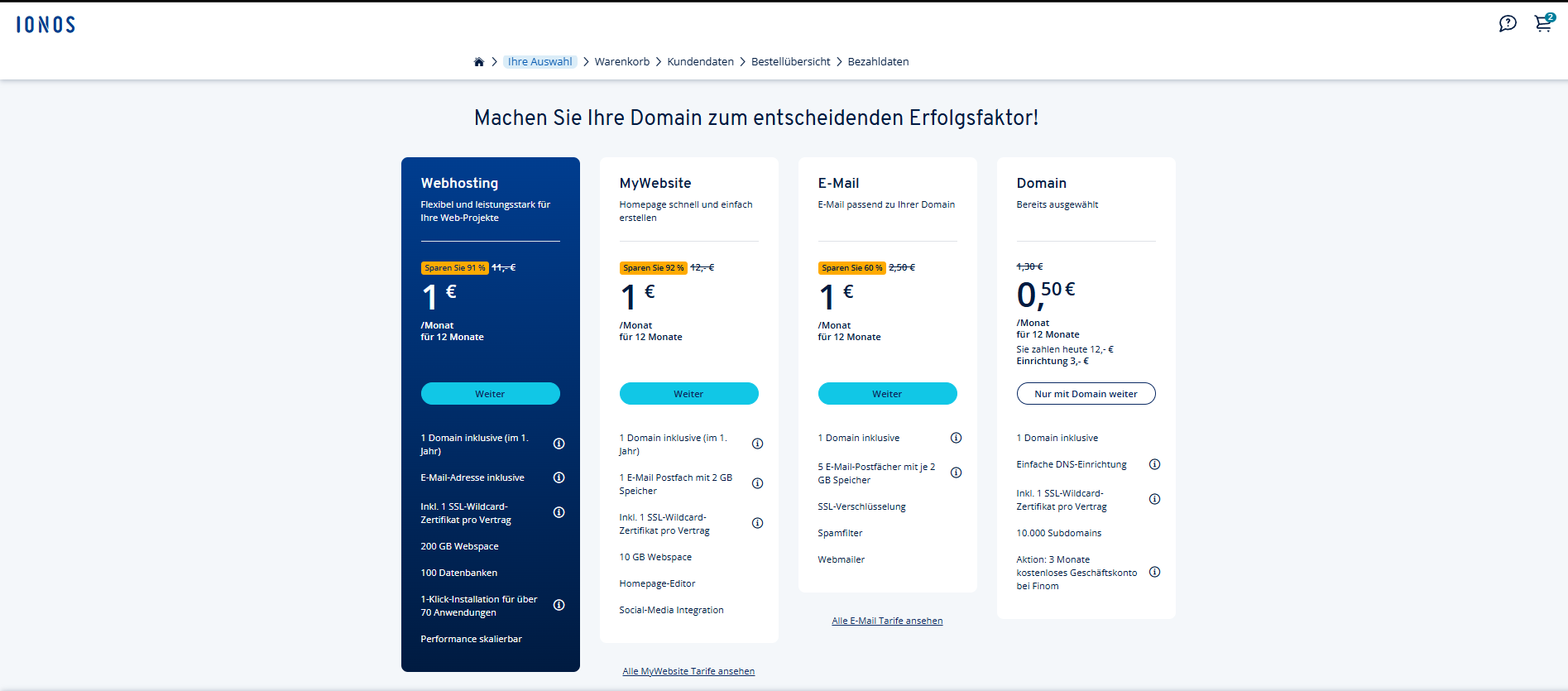 IONOS Tarifauswahl – linken Tarif (Webhosting) auswählen