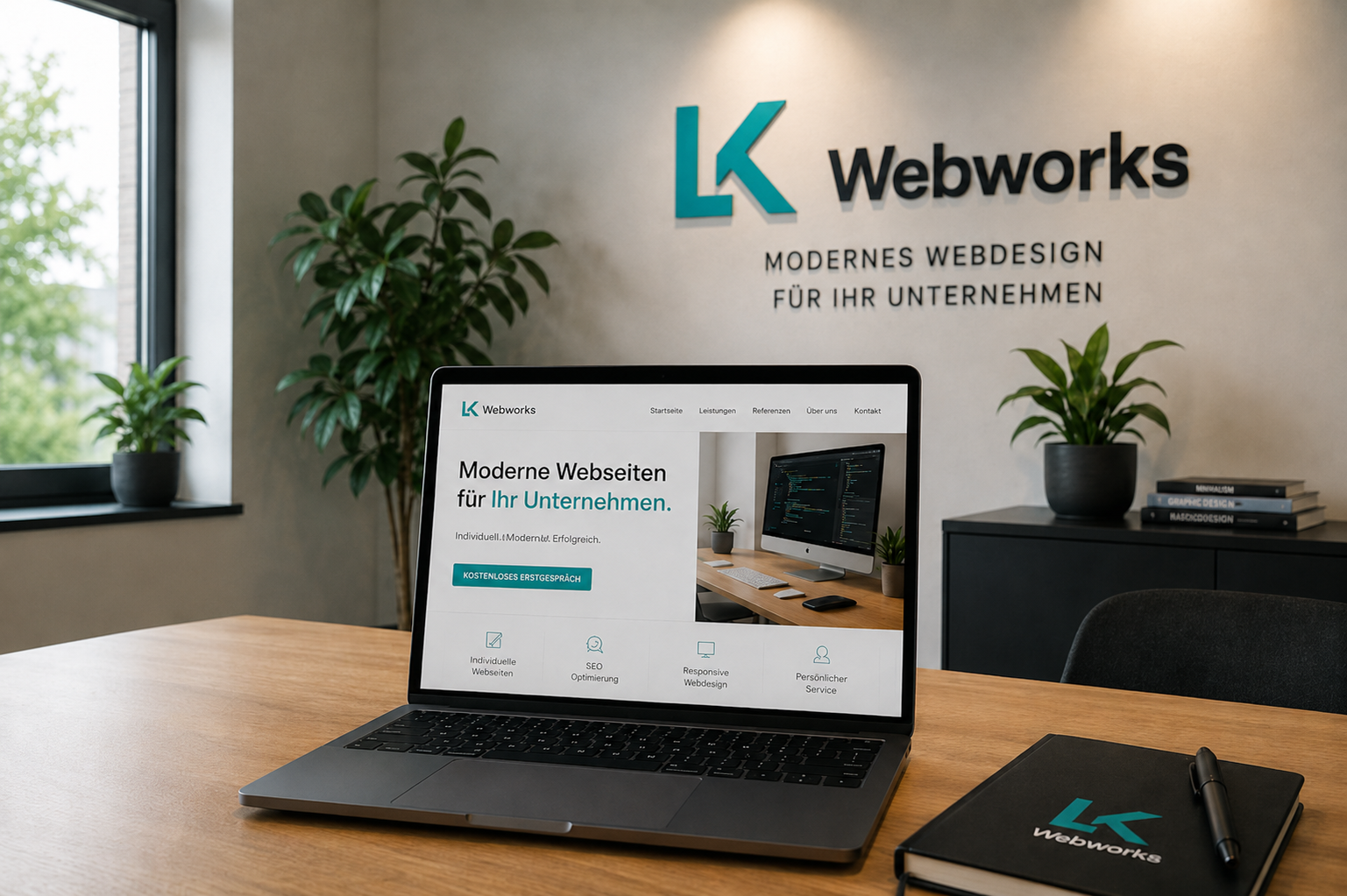 LK Webworks – modernes Webdesign für Unternehmen, Laptop mit Website im Büro